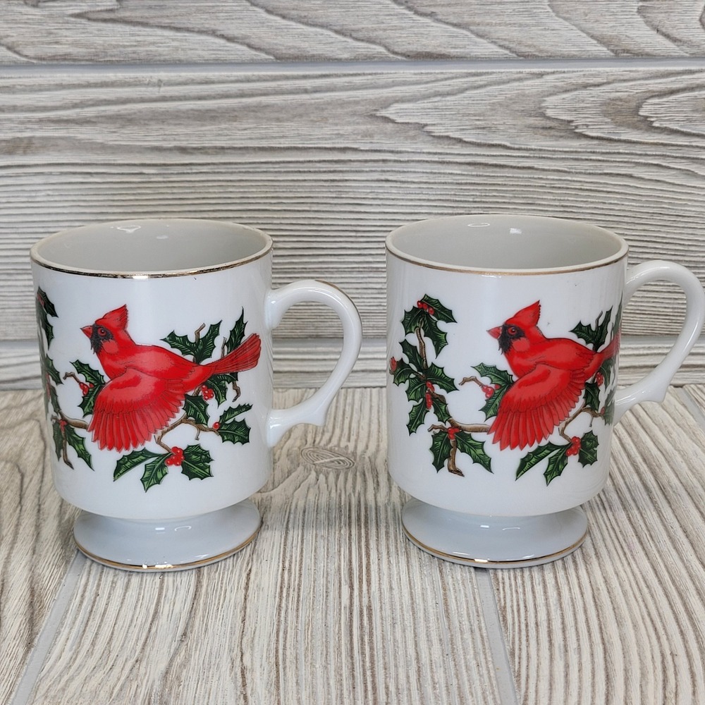 Unbranded Cardinal Coffee Mug‎ Set of 2 White Red Vintage 1063 Holiday Bird 4in